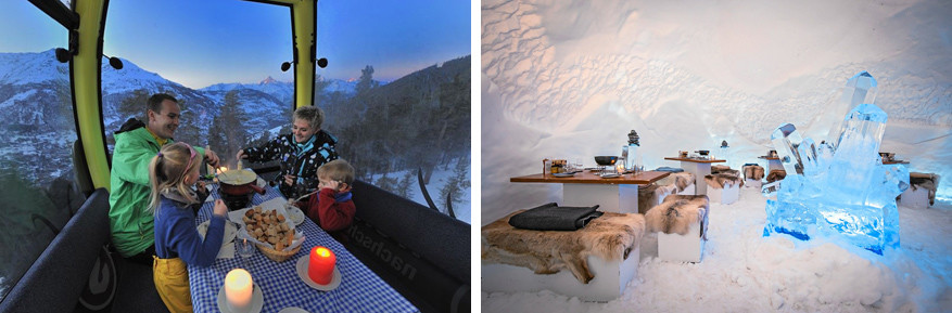 Spectaculair: smullen van een kaasfondue vanuit een gondel (links) of in een iglo (rechts) © Toerisme Grächen | © Toerisme Zwitserland