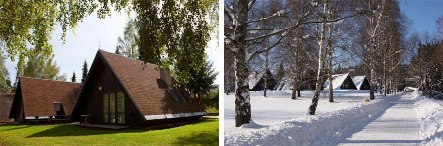 Zowel in de sneeuw als in het groen hebben de Finse hutten van camping Dolce hun charme! © camping Dolce